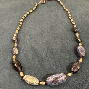 Natural Stone Bead Necklace Blue Earth Tone Boho Artisan Style